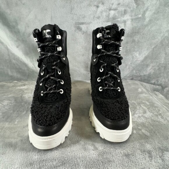 Sorel Womens boots 8.5 Brex Black leather Faux shearling block heel lace-up boot - Picture 7 of 16